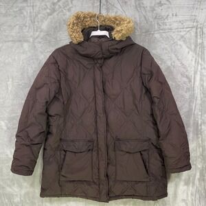 Lands' End Down Coat Women's XL/P ( 18-20) Brown Zip Snaps Removable Hood